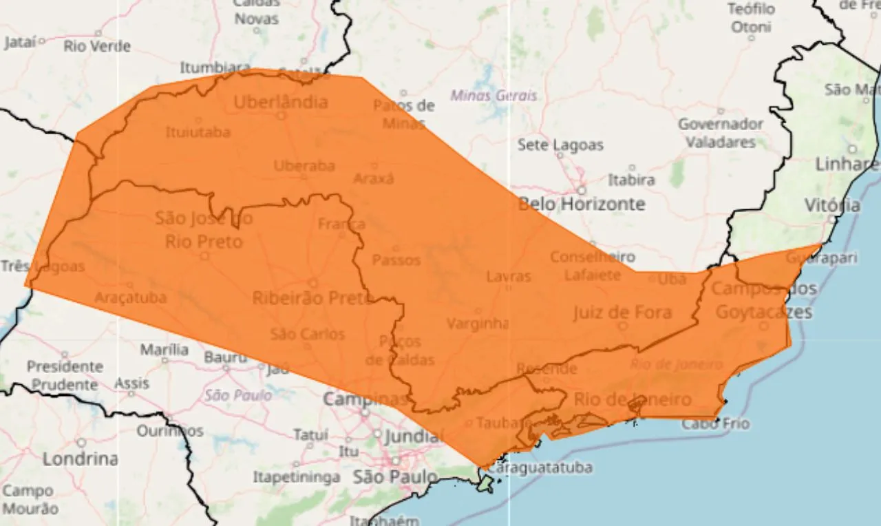 o mapa mostra &agrave;s &aacute;reas em alerta para chuva intensa e ventos em grande parte do Sudeste e Centro-Oeste